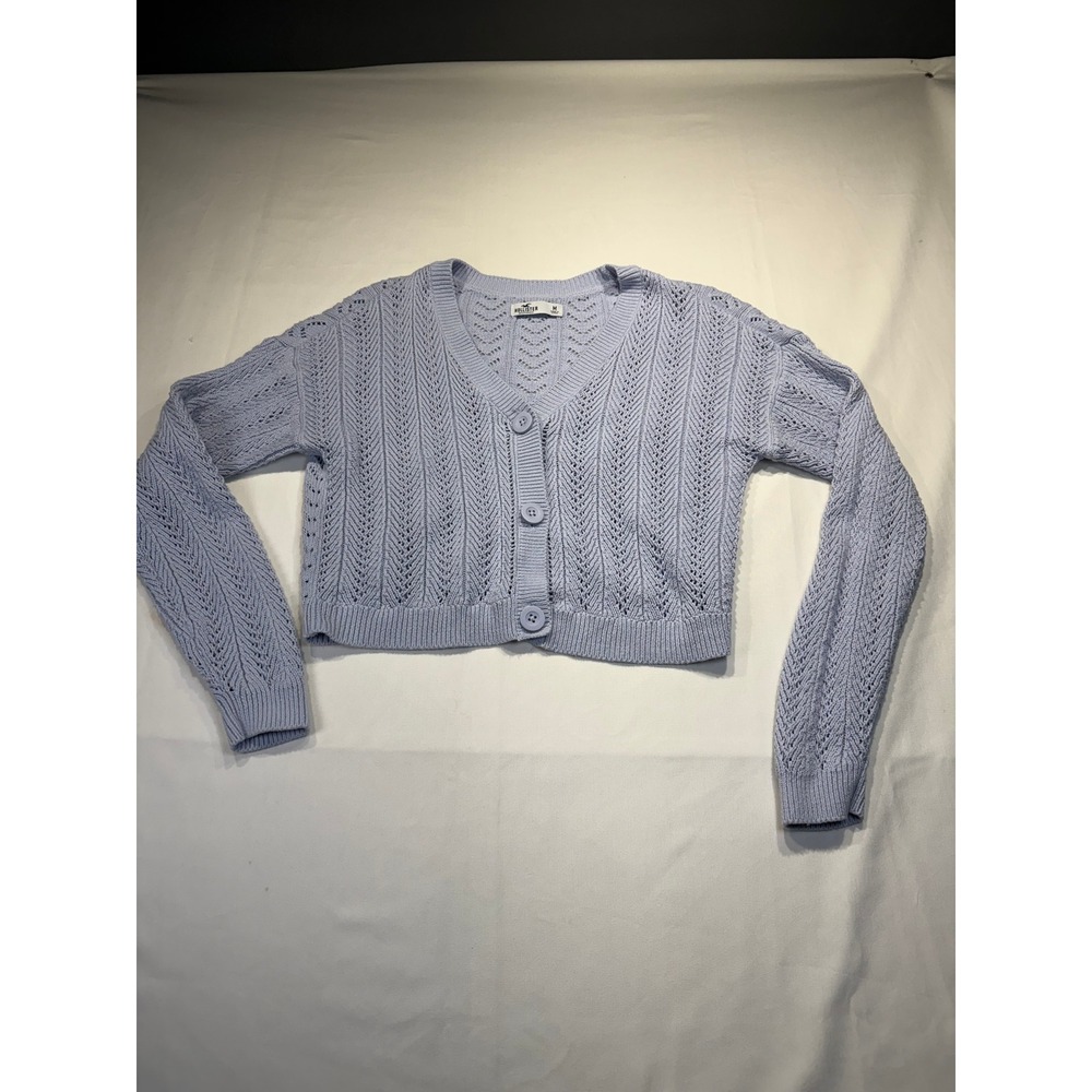 Hollister Womens Blue Pointelle Knit Cropped Cardigan Sweater Medium 100% Cotton